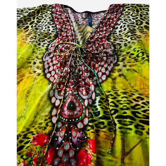 WHITE MARK KIMONO PULL-OVER TIE-UP NECK CAFTAN BLOUSE, WOMENS, 2XL, MULTICOLORS - Picture 4 of 9